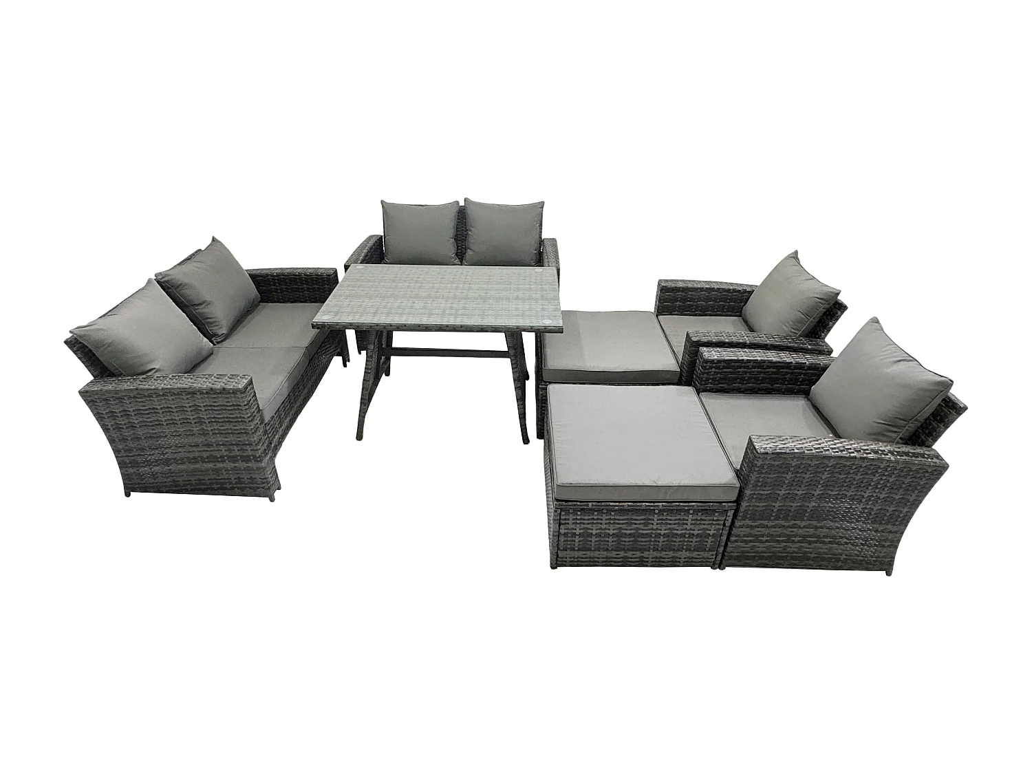 8-Sitzer Garten Esstisch Set Polyrattan Outdoor Möbel Sofa mit Rechteckiger Esstisch Doppelsitz Sofa 2 hohen Hockern Sessel Dunkelgrau Gemischt