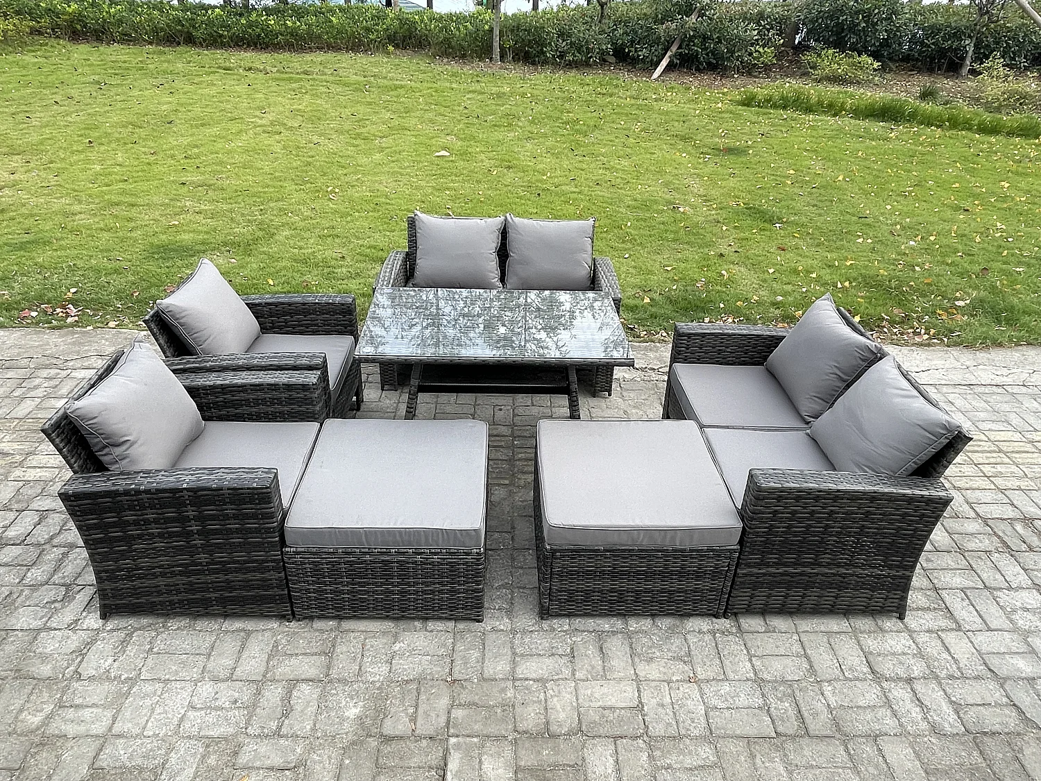 8-Sitzer Garten Esstisch Set Polyrattan Outdoor Möbel Sofa mit Rechteckiger Esstisch Doppelsitz Sofa 2 hohen Hockern Sessel Dunkelgrau Gemischt