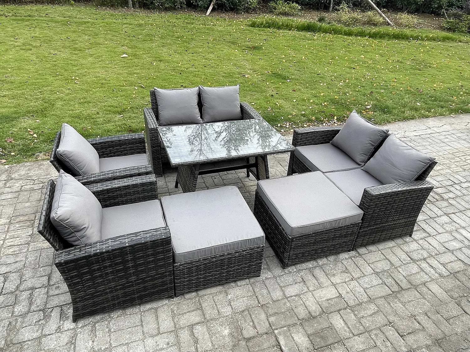 8-Sitzer Garten Esstisch Set Polyrattan Outdoor Möbel Sofa mit Rechteckiger Esstisch Doppelsitz Sofa 2 hohen Hockern Sessel Dunkelgrau Gemischt
