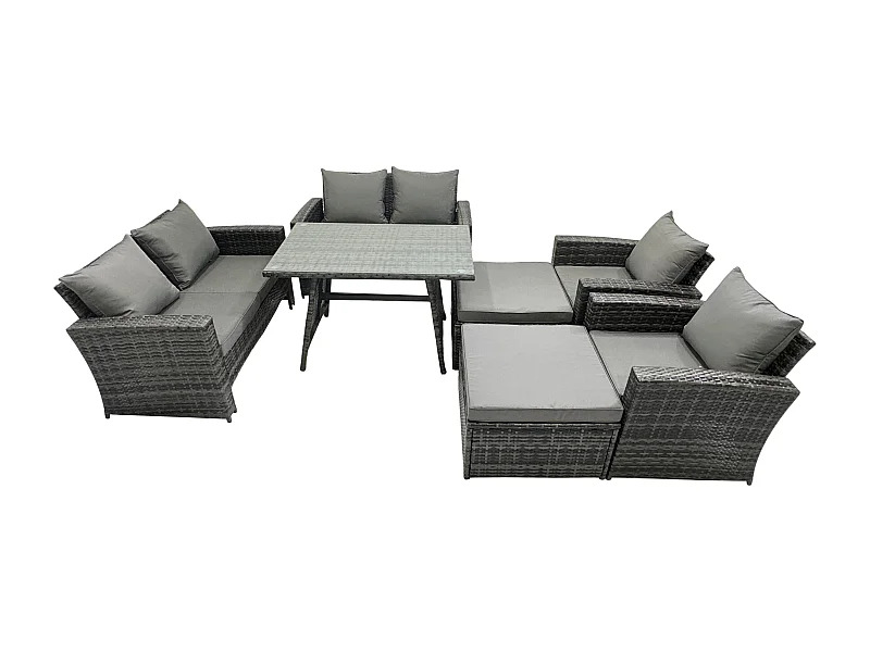 8-Sitzer Garten Esstisch Set Polyrattan Outdoor Möbel Sofa mit Rechteckiger Esstisch Doppelsitz Sofa 2 hohen Hockern Sessel Dunkelgrau Gemischt