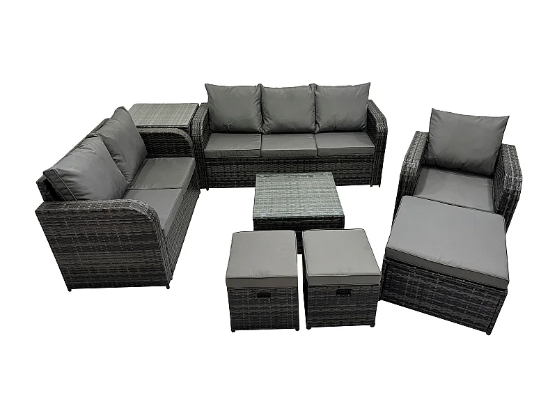 Rattan-Gartenmöbel 8 Stück Terrassenset mit Tisch und Sofa Quadratischer Couchtisch Liegestühle Loveseat Sofa 3-Sitzer Sofa 3 Hockern Beistelltisch