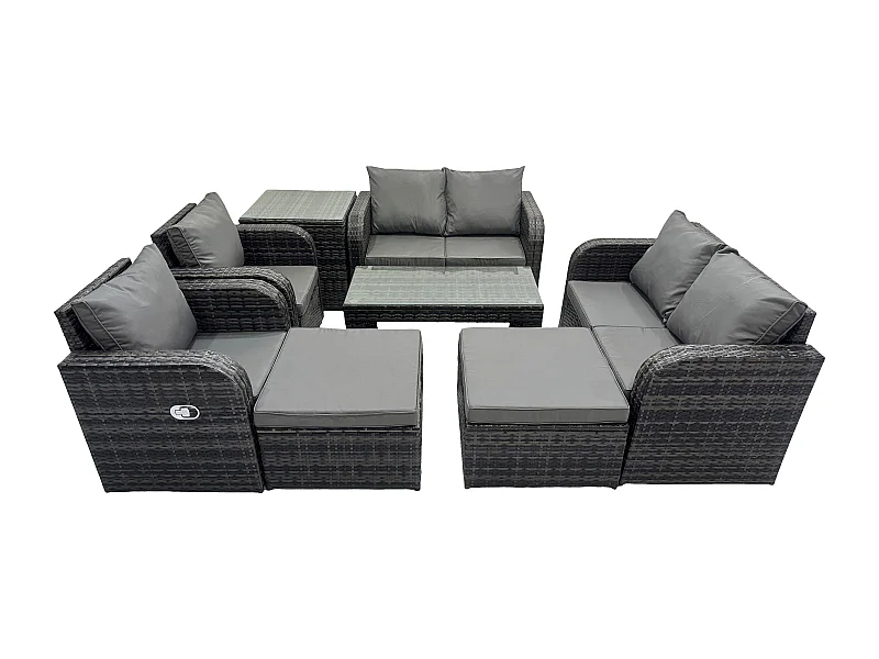 8 PCS Gartenmöbelset Rattan Garten Sofa im Freien Tisch Sessel mit Gehärteter Glastisch Dunkelgrau Gemischt