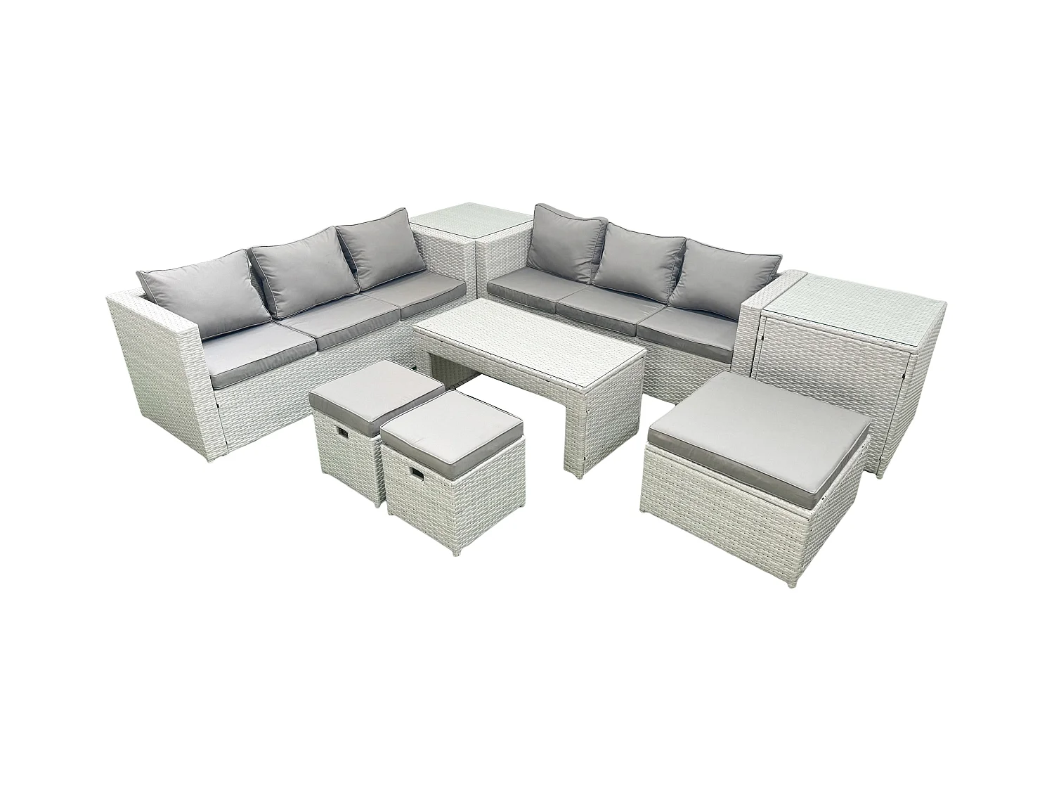 9 places Salon de Jardin Extérieur Canapé de jardin en rotin Table basse oblongue avec 3 Tabourets 2 Tables d'appoint Gris clair mixte