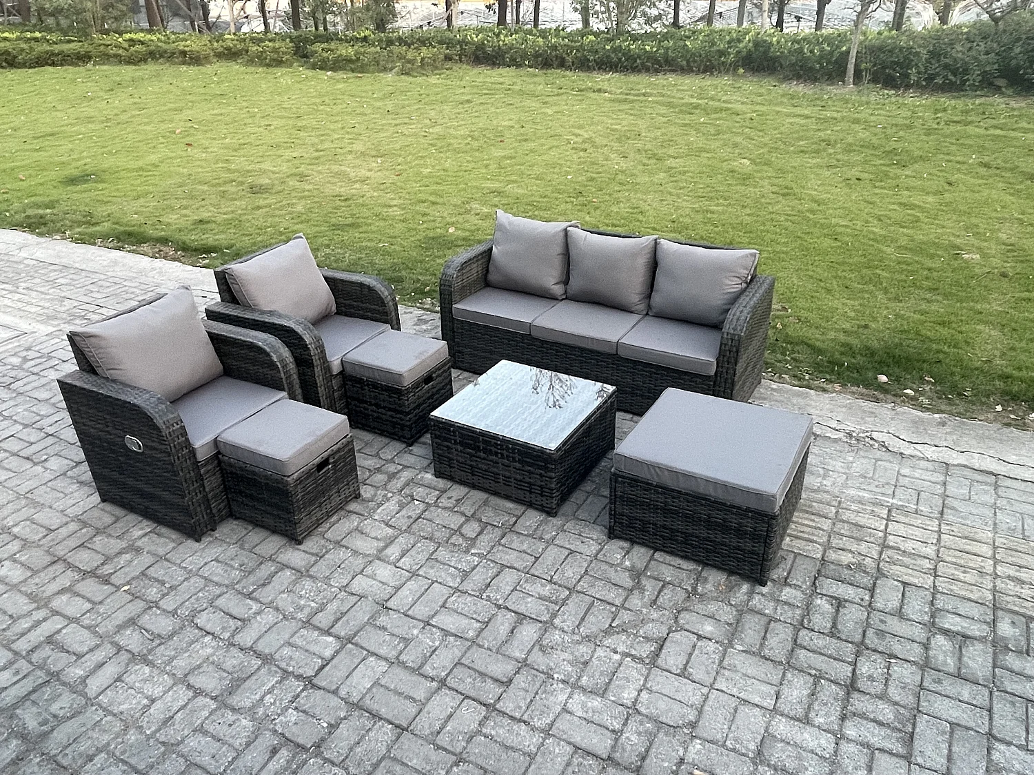 Gartenmöbelset Polyrattan Set im Balkon mit Liegestühle 3-Sitzer Sofa 3 Hockern Dunkelgrau Gemischt