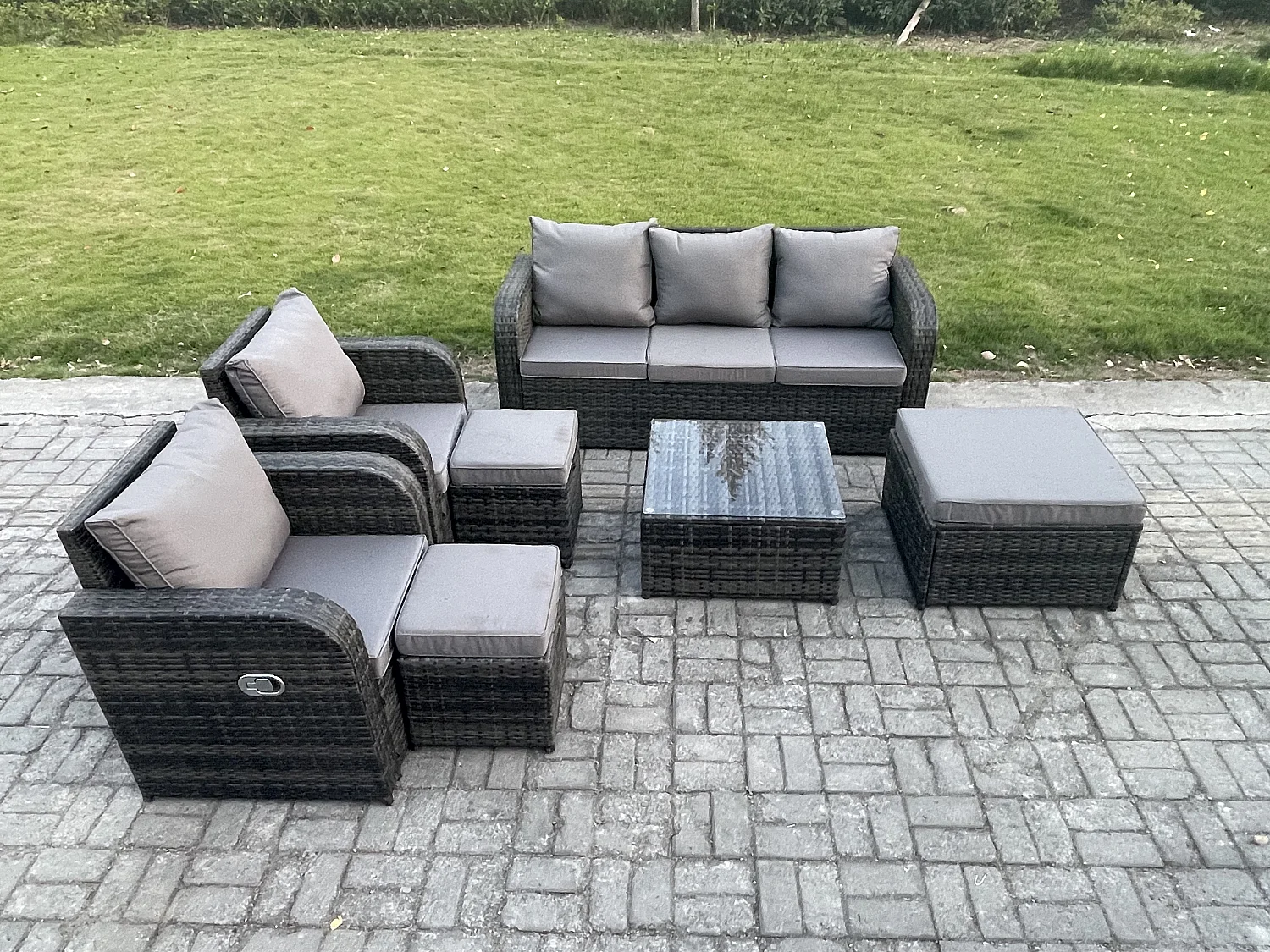 Gartenmöbelset Polyrattan Set im Balkon mit Liegestühle 3-Sitzer Sofa 3 Hockern Dunkelgrau Gemischt