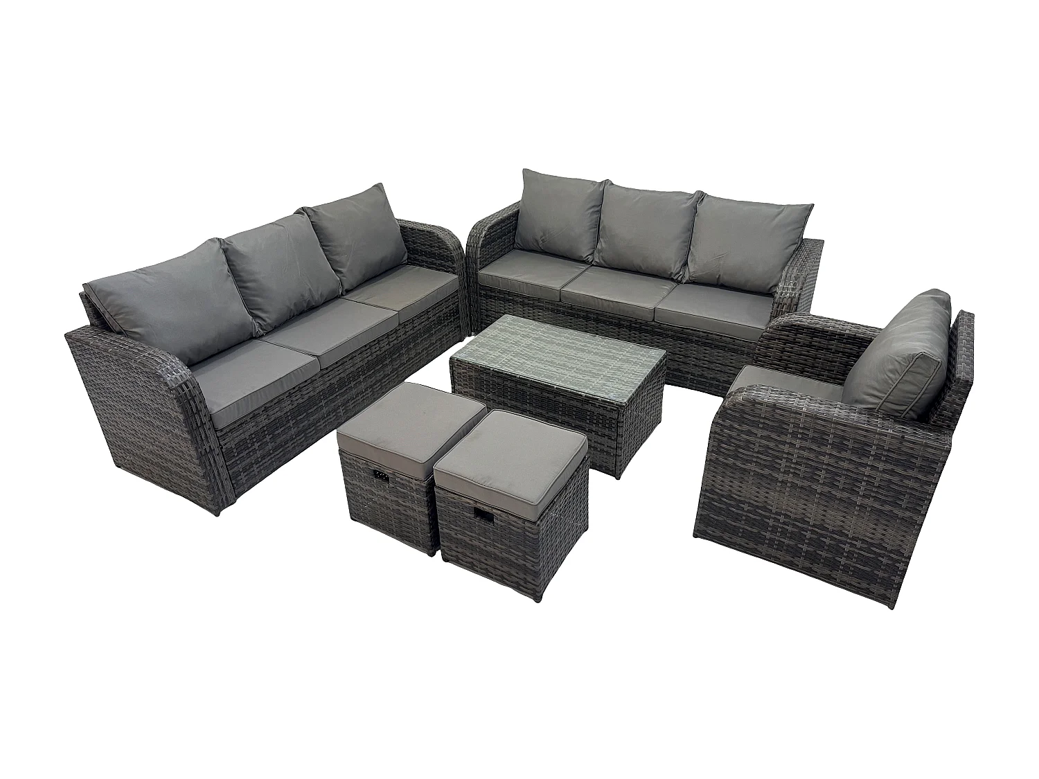 9 places Ensemble de canapés en rotin salon de jardin avec Table basse rectangulaire Canapé 3 places 2 Petits tabourets Gris foncé mixte