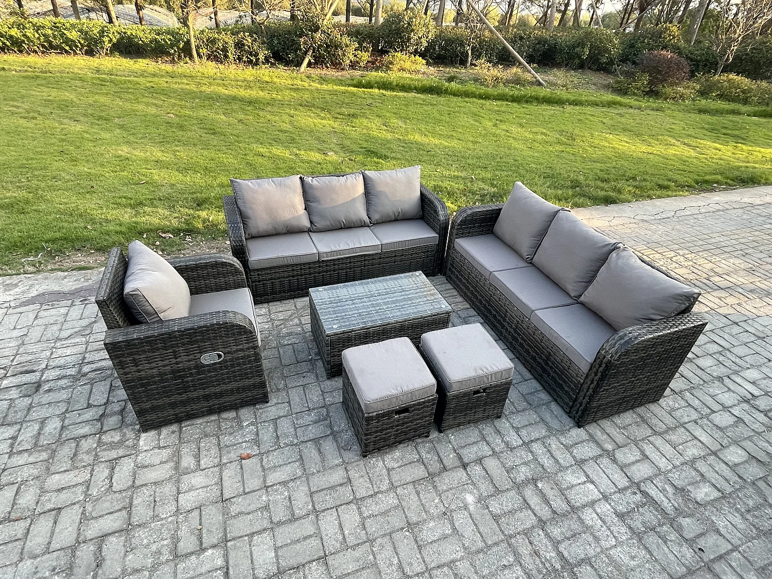 9 places Ensemble de canapés en rotin salon de jardin avec Table basse rectangulaire Canapé 3 places 2 Petits tabourets Gris foncé mixte