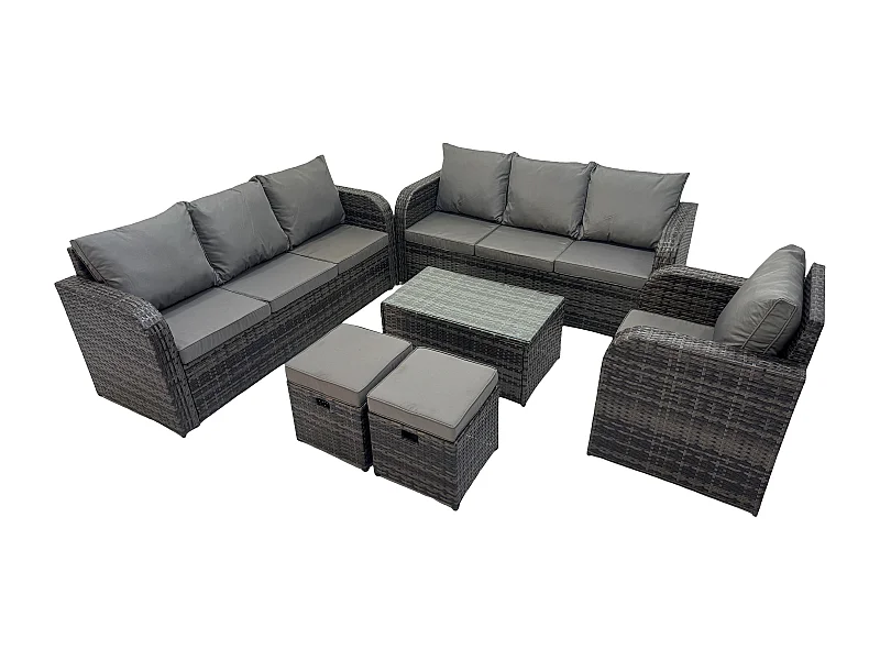 9 places Ensemble de canapés en rotin salon de jardin avec Table basse rectangulaire Canapé 3 places 2 Petits tabourets Gris foncé mixte