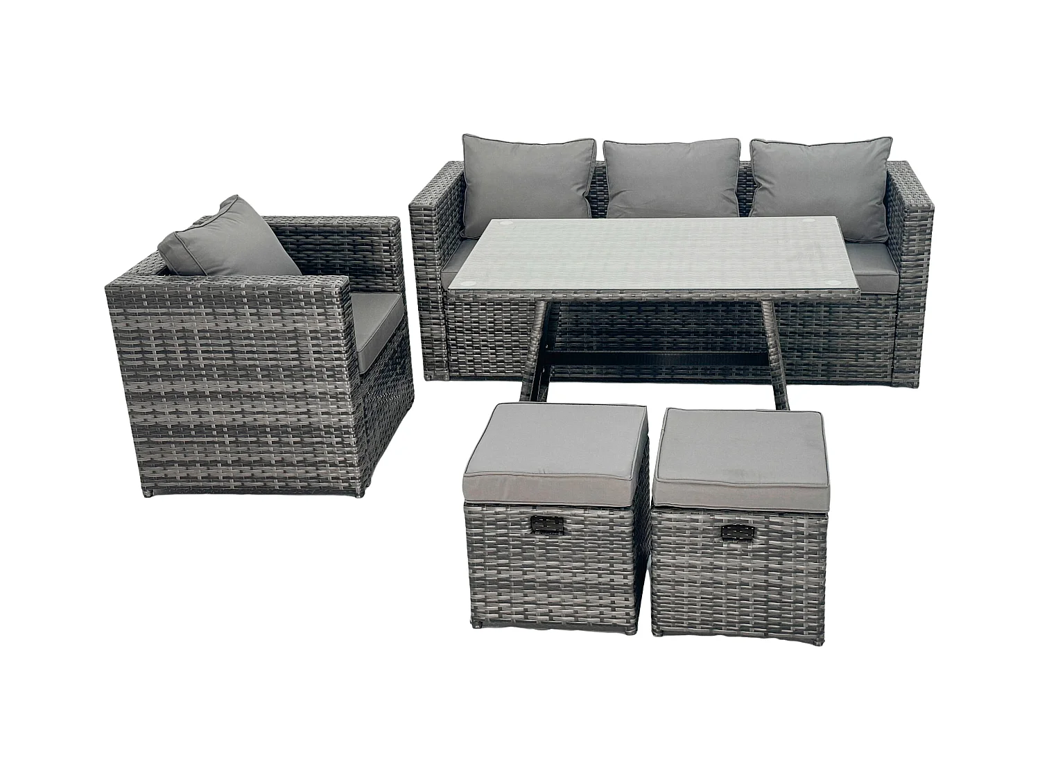 Gartenmöbel Lounge Sofa Set mit Rechteckiger Esstisch Sessel 2 kleine Fußhockern Dunkelgrau Gemischt