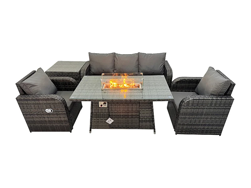 Polyrattan Gartenmöbelset Gasfeuerstelle Esstisch mit Sofa Beistelltisch