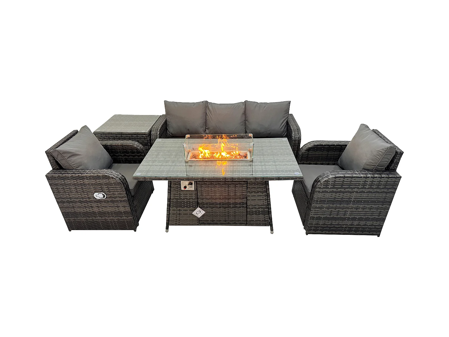 Polyrattan Gartenmöbelset Gasfeuerstelle Esstisch mit Sofa Beistelltisch