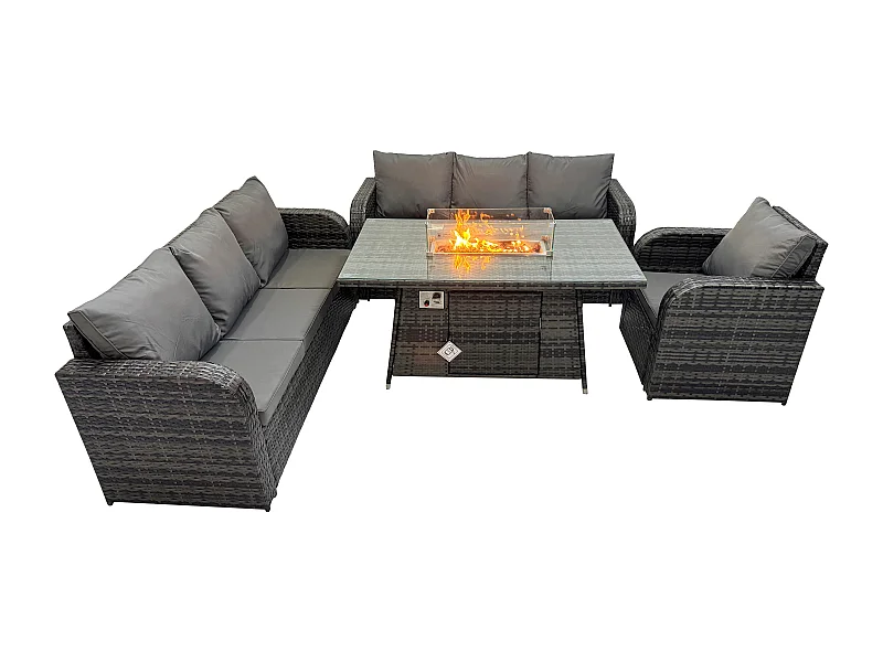 Rattan Gartenmöbel Set im Balkon Gas Feuerstelle Tisch Liegestühle 3-Sitzer Sofa Sets 7-Sitzer