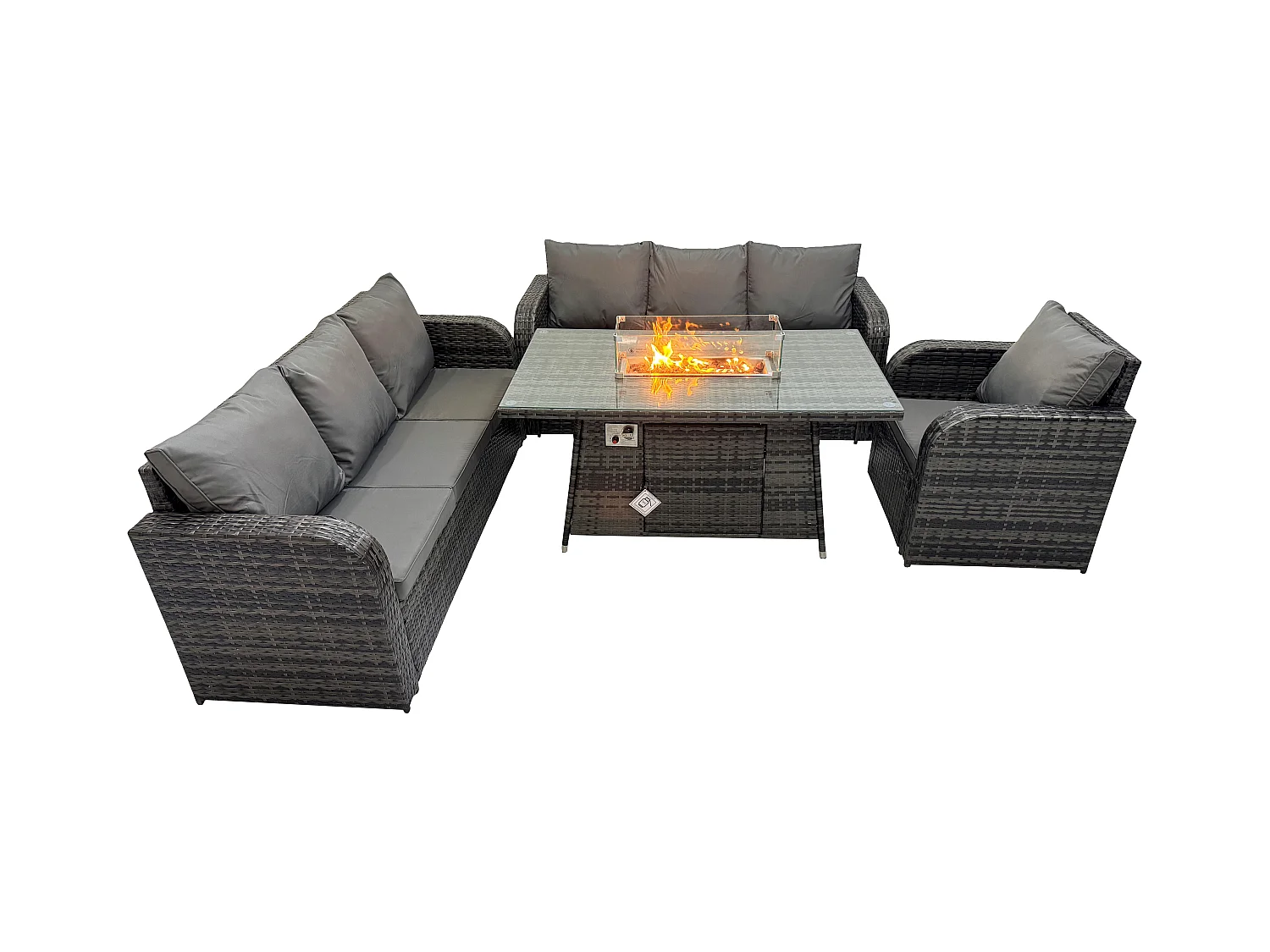 Rattan Gartenmöbel Set im Balkon Gas Feuerstelle Tisch Liegestühle 3-Sitzer Sofa Sets 7-Sitzer