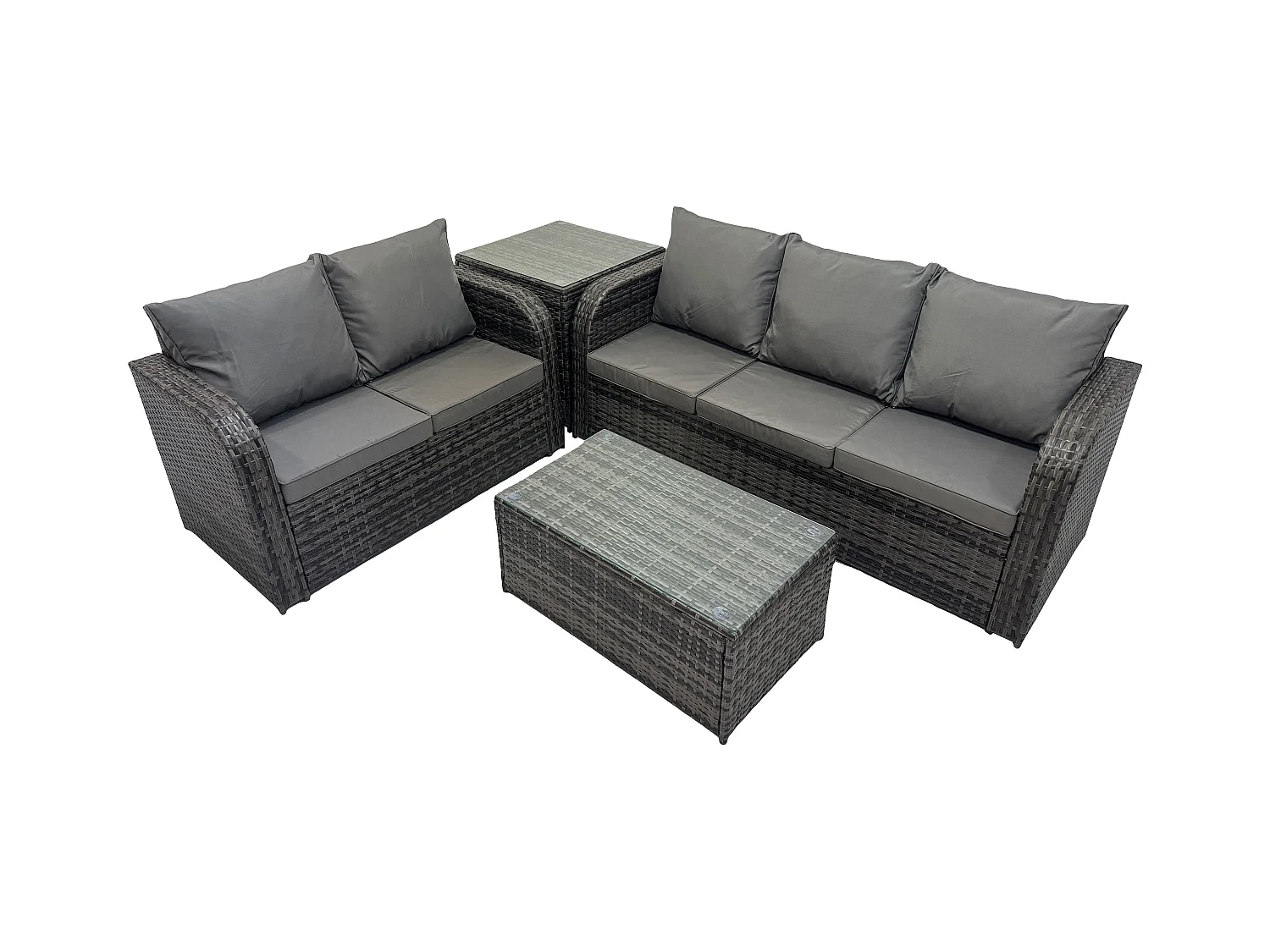 5-Sitzer Hoher Rücken Rattan Gartenmöbel Sets mit Rechteckiger Couchtisch 3-Sitzer Sofa Love Sofa Beistelltisch