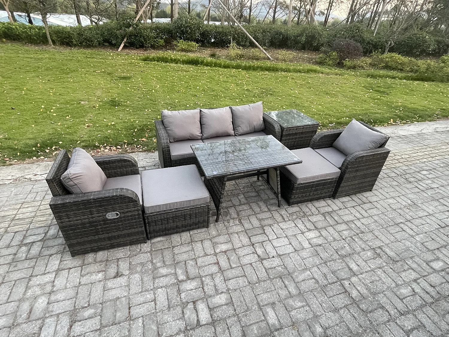 Ensemble de meubles de jardin en polyrotin 7 Pièces avec Table à manger rectangulaire 2 Grand tabourets Table d'appoint