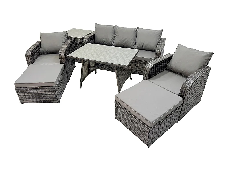 Ensemble de meubles de jardin en polyrotin 7 Pièces avec Table à manger rectangulaire 2 Grand tabourets Table d'appoint