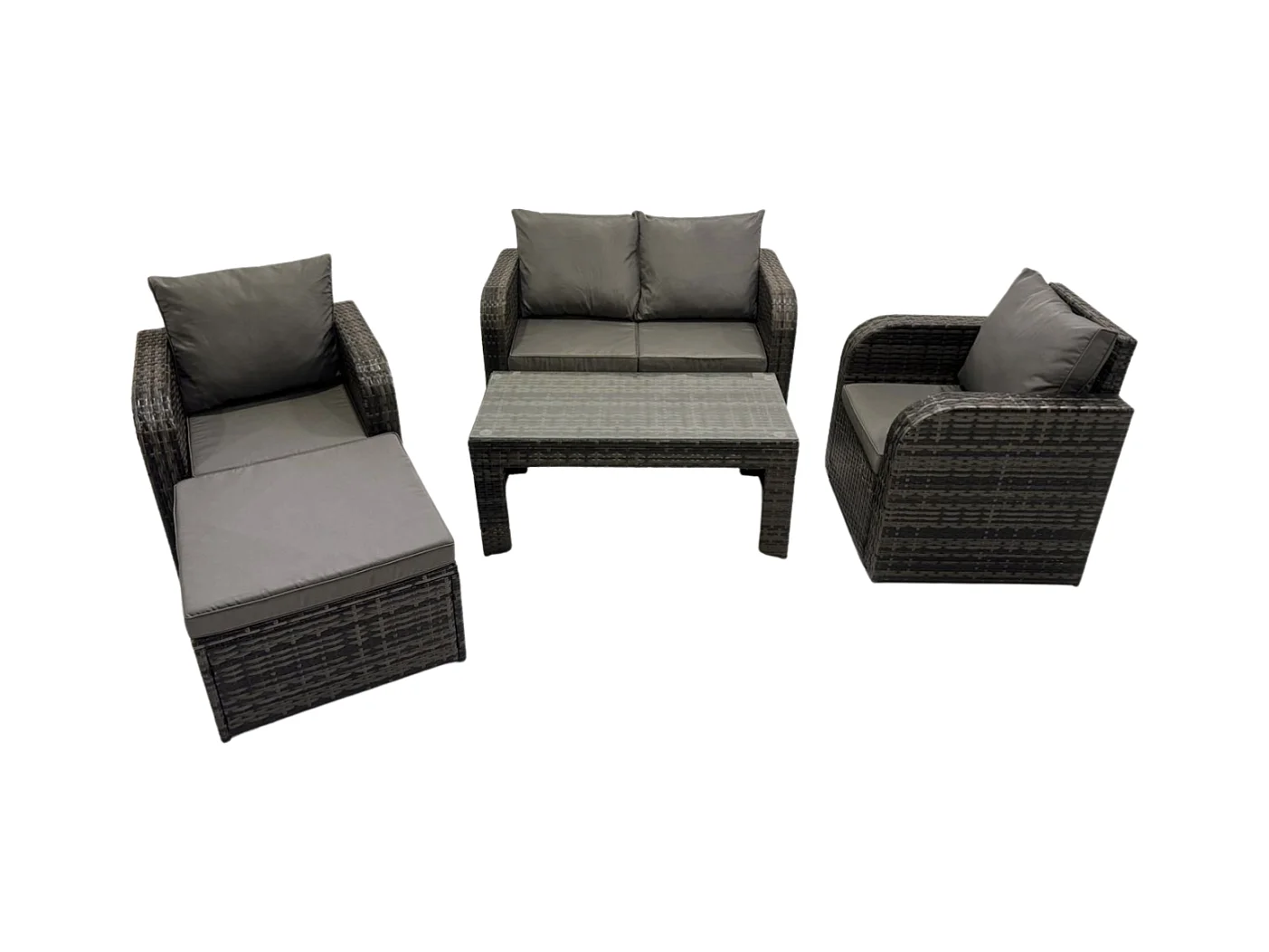 Garten Sofa im Freien Set Polyrattan Gartenmöbel Set mit Rechteckiger Couchtisch 2 Großer Hockern Love Sofa Dunkelgrau Gemischt