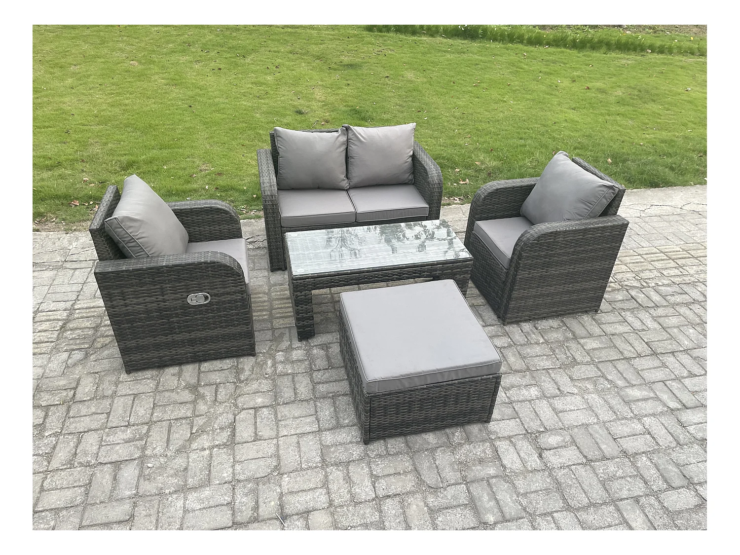 Garten Sofa im Freien Set Polyrattan Gartenmöbel Set mit Rechteckiger Couchtisch 2 Großer Hockern Love Sofa Dunkelgrau Gemischt