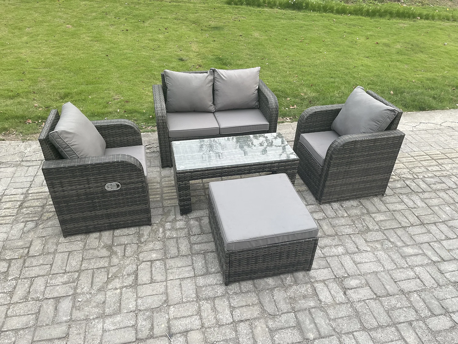 Salon de jardin avec Table basse rectangulaire Grand tabouret Canapé d'amour Gris foncé mixte