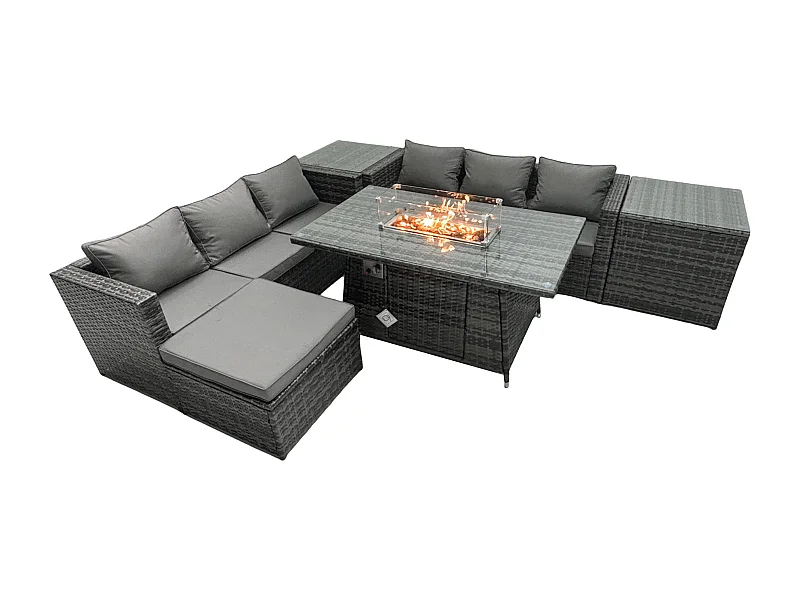 Rattan Gartenmöbel Set 6-Sitzer Garten Sofa Gas Feuertisch Set mit 2 Beistelltischen Fußhocker