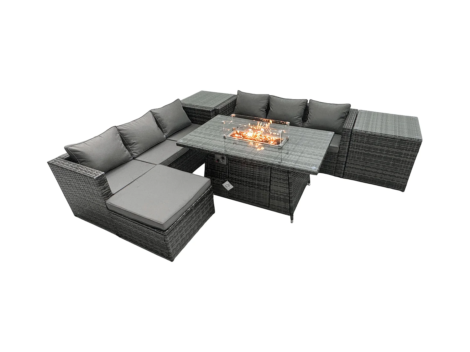 Rattan Gartenmöbel Set 6-Sitzer Garten Sofa Gas Feuertisch Set mit 2 Beistelltischen Fußhocker