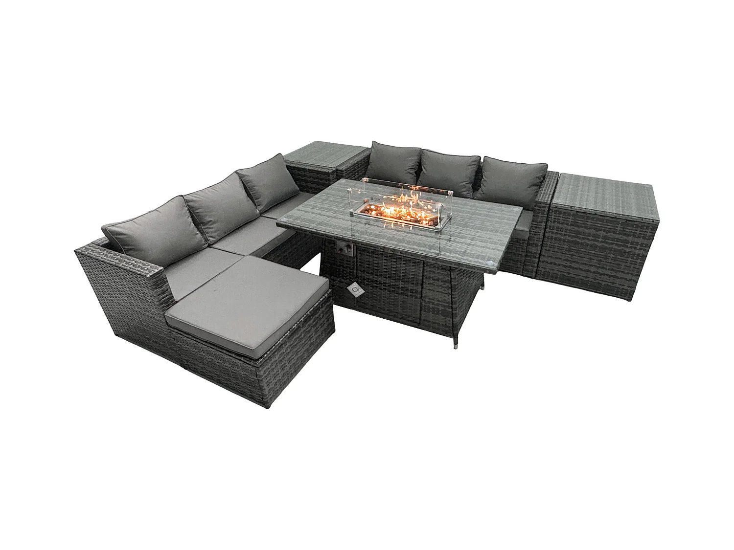 Rattan Gartenmöbel Set 6-Sitzer Garten Sofa Gas Feuertisch Set mit 2 Beistelltischen Fußhocker