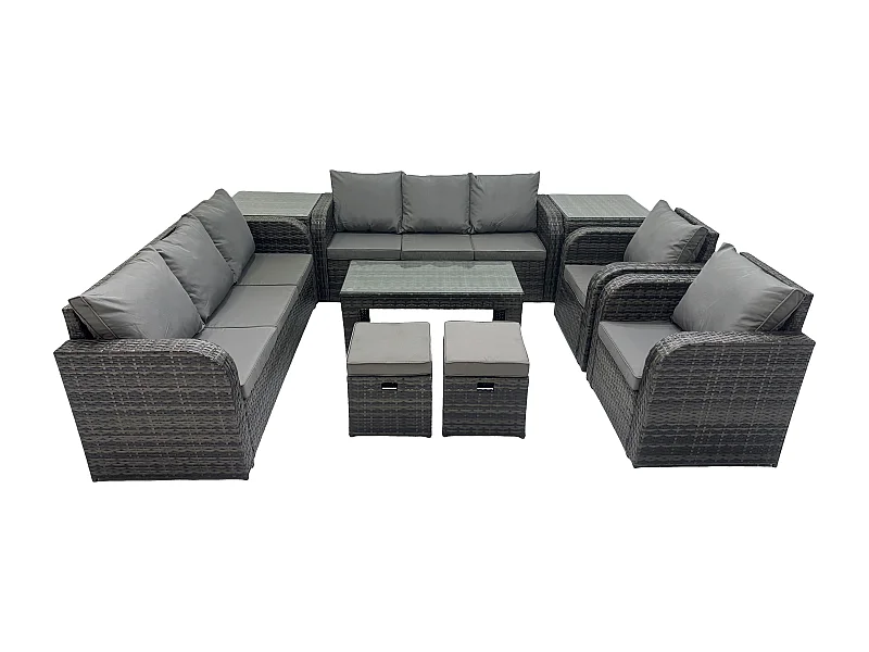 Polyrattan Sofa Set 10-Sitzer Terrassen Gartenmöbelset mit 2 Liegestühle Couchtisch 2 Beistelltischen 2 kleine Fußhockern Dunkelgrau Gemischt
