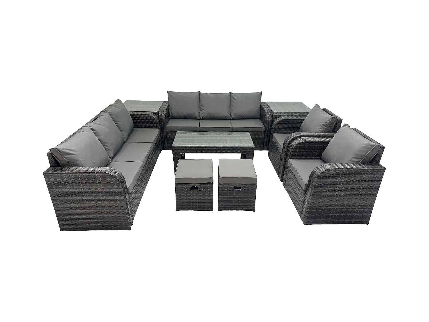 Polyrattan Sofa Set 10-Sitzer Terrassen Gartenmöbelset mit 2 Liegestühle Couchtisch 2 Beistelltischen 2 kleine Fußhockern Dunkelgrau Gemischt