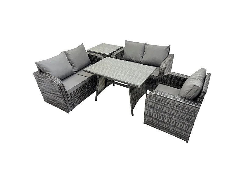 5 Stücke Polyrattan Gartenmöbel Set mit Esstisch Sesseln Love Sofa Beistelltisch Dunkelgrau Gemischt