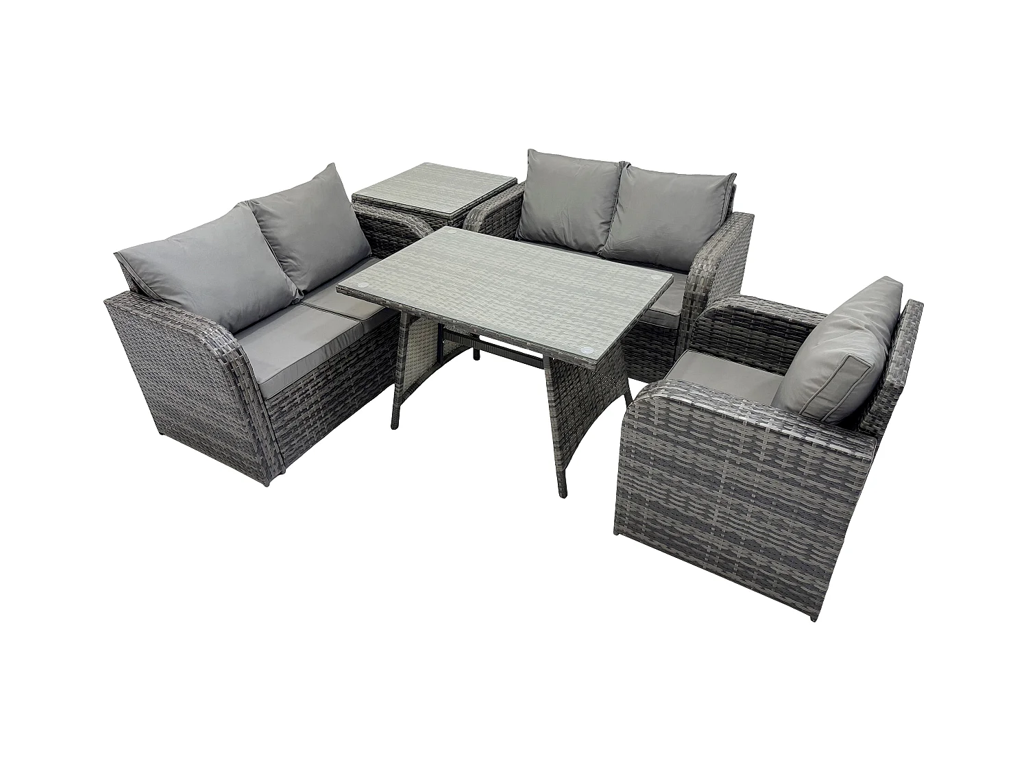 5 Stücke Polyrattan Gartenmöbel Set mit Esstisch Sesseln Love Sofa Beistelltisch Dunkelgrau Gemischt