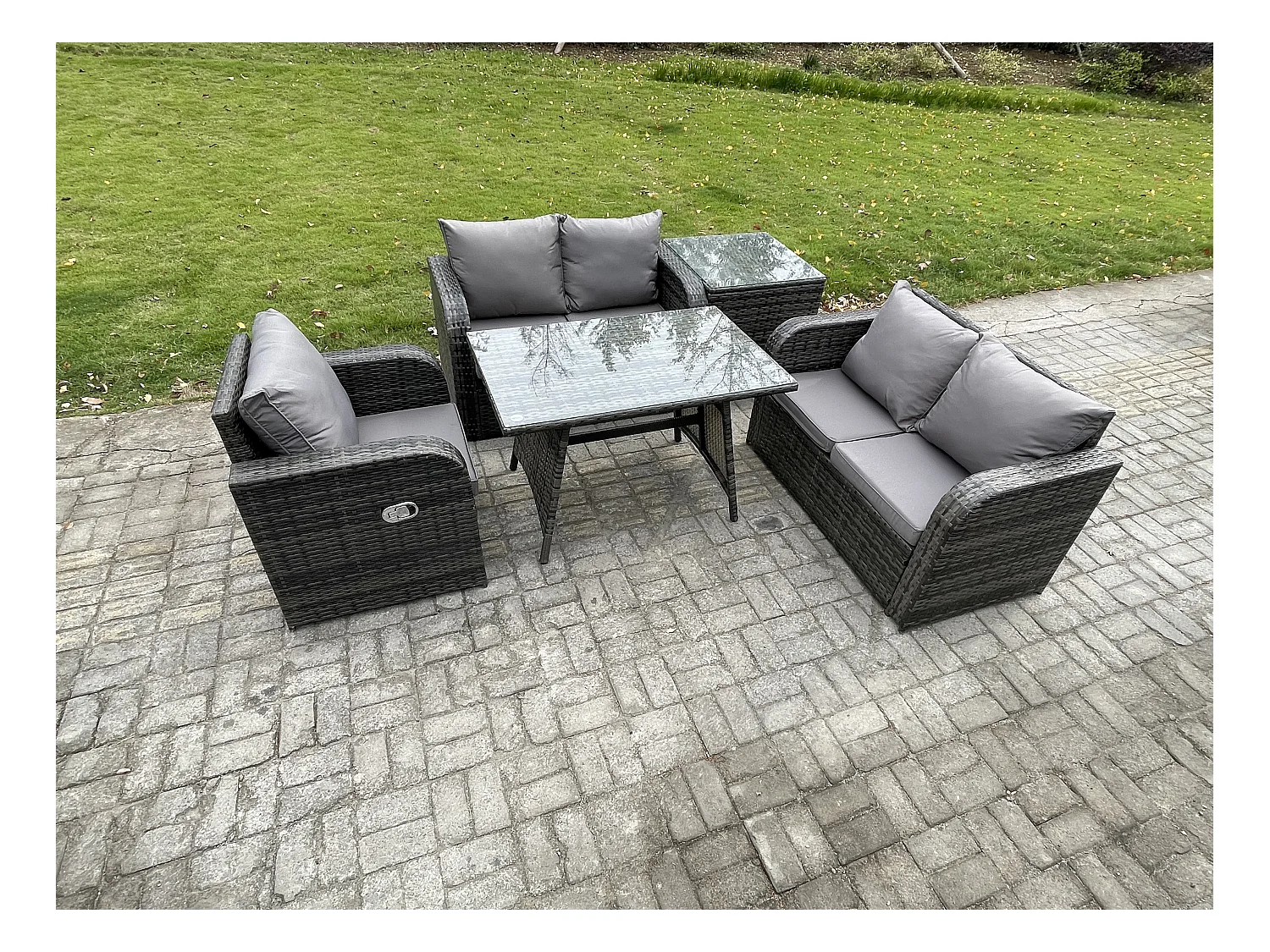 5 Stücke Polyrattan Gartenmöbel Set mit Esstisch Sesseln Love Sofa Beistelltisch Dunkelgrau Gemischt