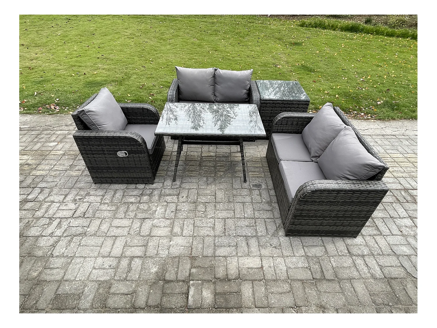 5 Stücke Polyrattan Gartenmöbel Set mit Esstisch Sesseln Love Sofa Beistelltisch Dunkelgrau Gemischt