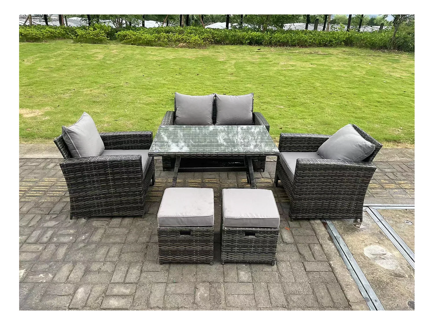 6-Sitzer Dunkelgrau Gemischt Hoher Rücken Rattan Sofa Esstisch Set Gartenmöbel Set mit 2 Hockern