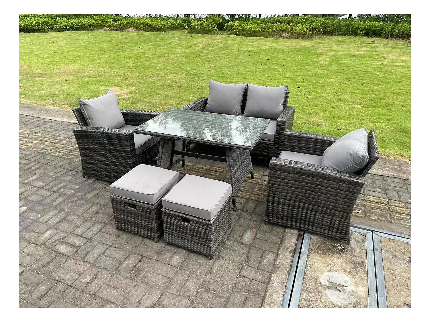 6-Sitzer Dunkelgrau Gemischt Hoher Rücken Rattan Sofa Esstisch Set Gartenmöbel Set mit 2 Hockern
