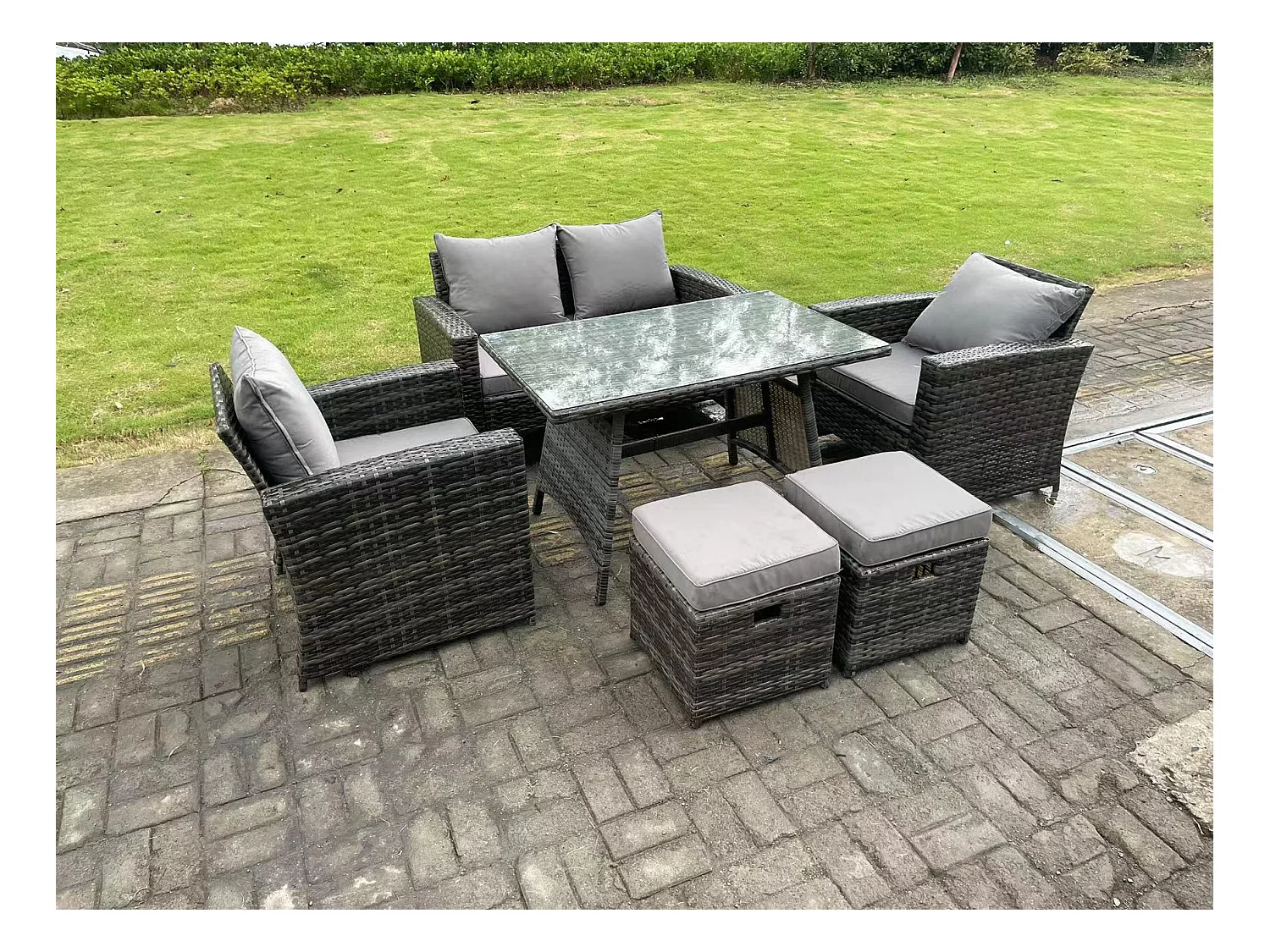 6-Sitzer Dunkelgrau Gemischt Hoher Rücken Rattan Sofa Esstisch Set Gartenmöbel Set mit 2 Hockern