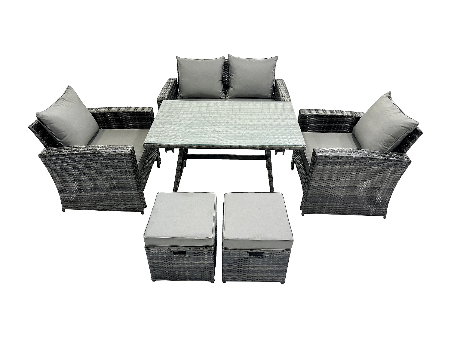 6-Sitzer Dunkelgrau Gemischt Hoher Rücken Rattan Sofa Esstisch Set Gartenmöbel Set mit 2 Hockern