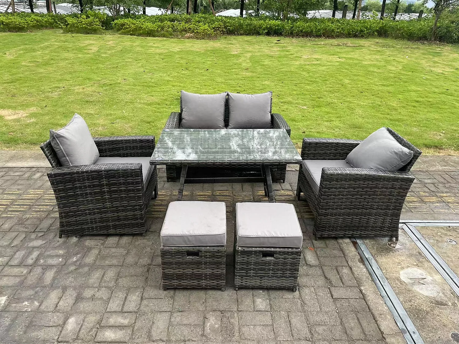 6-Sitzer Dunkelgrau Gemischt Hoher Rücken Rattan Sofa Esstisch Set Gartenmöbel Set mit 2 Hockern