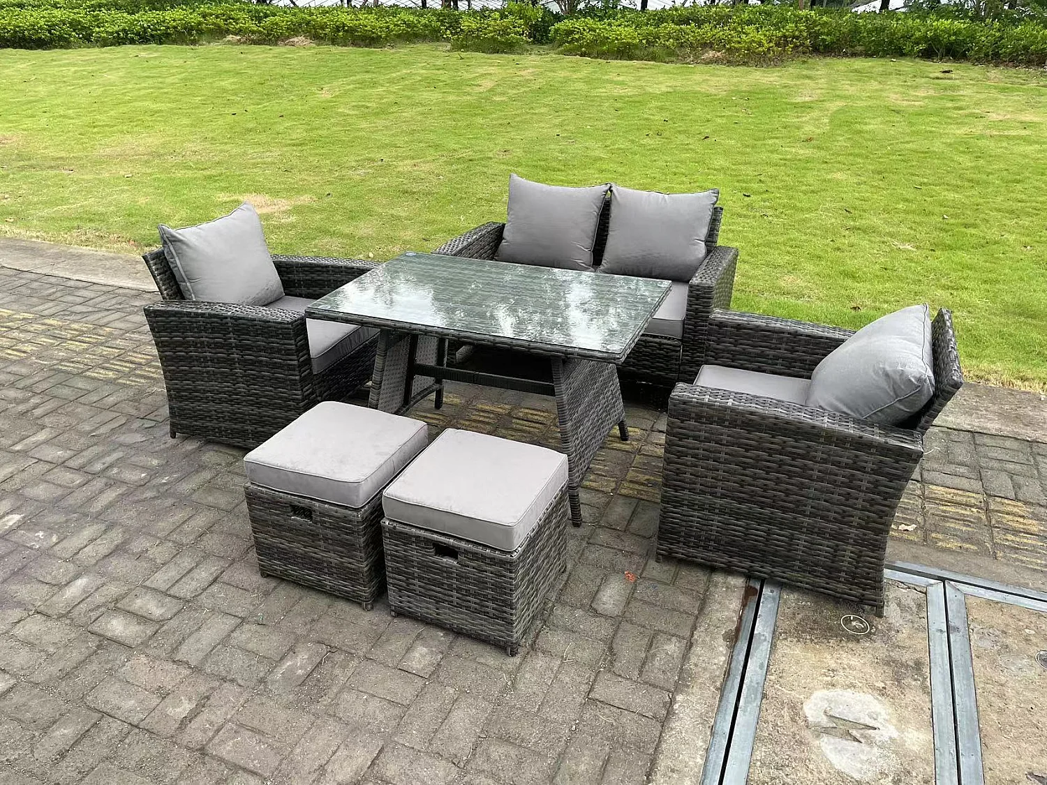 6-Sitzer Dunkelgrau Gemischt Hoher Rücken Rattan Sofa Esstisch Set Gartenmöbel Set mit 2 Hockern