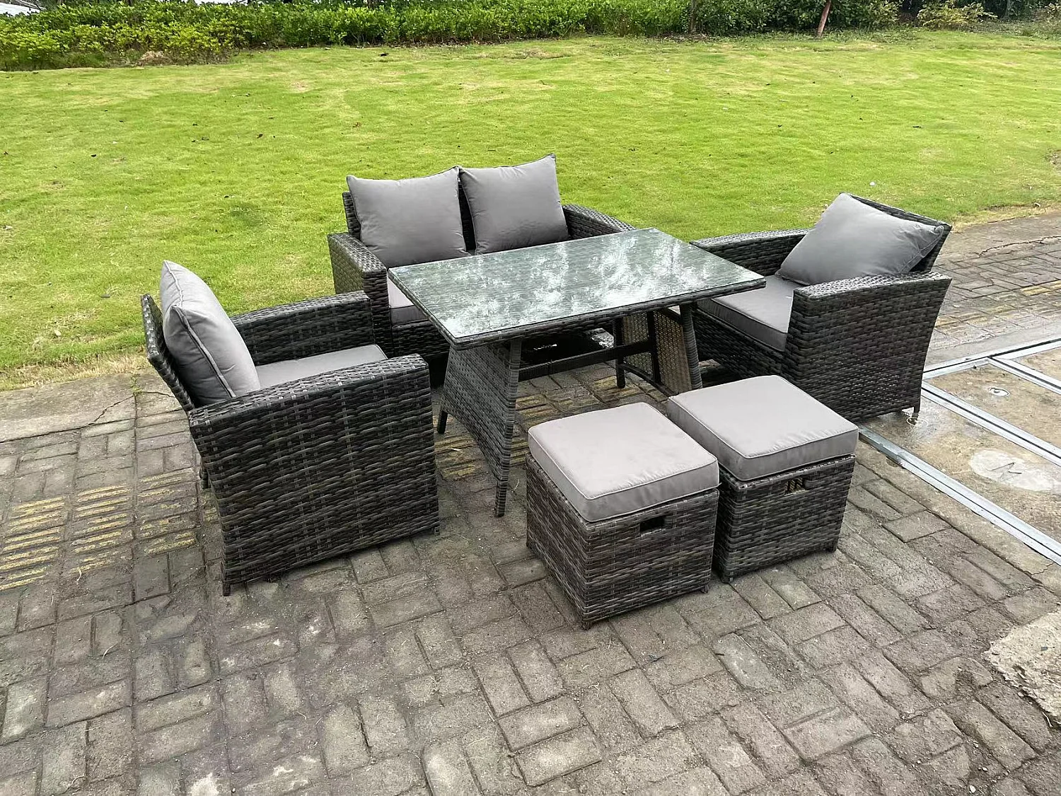 6-Sitzer Dunkelgrau Gemischt Hoher Rücken Rattan Sofa Esstisch Set Gartenmöbel Set mit 2 Hockern