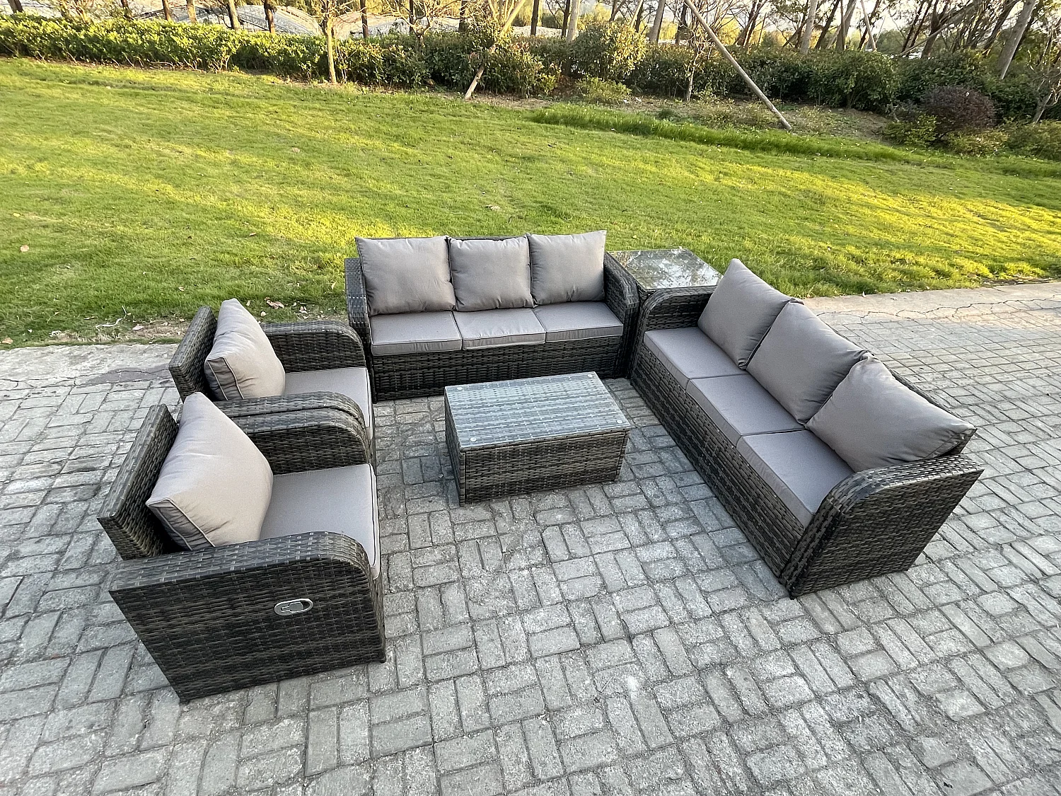 Rattan Gartenmöbel Sofa Set Tisch & Stühle Set mit 3-Sitzer Sofa Liegestühle Beistelltisch Dunkelgrau Gemischt