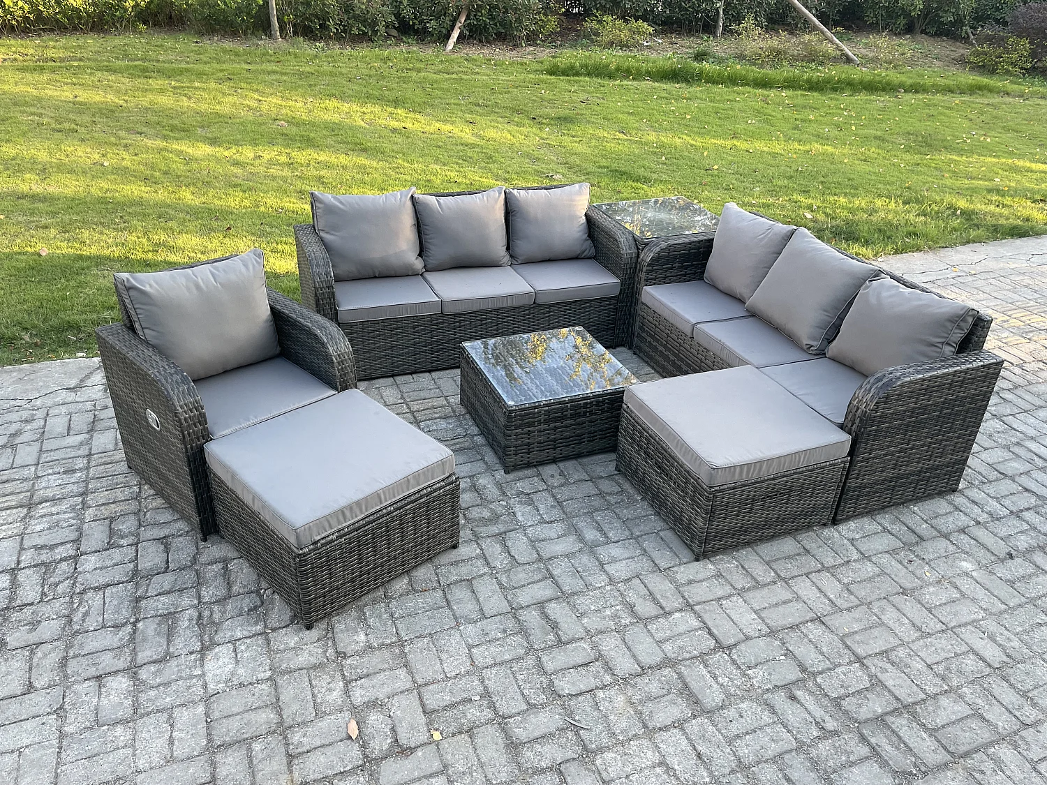 9-Sitzer Polyrattan Gartenmöbelset Garten Sofa Couchtisch Set mit Liegestühle 2 hohen Hockern Beistelltisch Dunkelgrau Gemischt