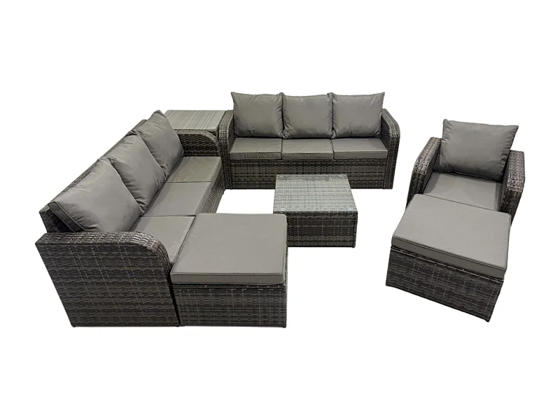 9-Sitzer Polyrattan Gartenmöbelset Garten Sofa Couchtisch Set mit Liegestühle 2 hohen Hockern Beistelltisch Dunkelgrau Gemischt