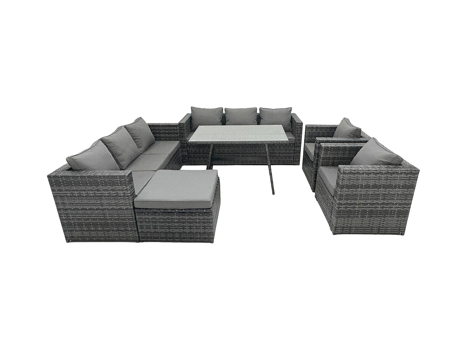 8-Sitzer Gartenmöbel Lounge Sofa Set mit Patio Esstisch 2 Sesseln 2 Großer Hockernn Dunkelgrau Gemischt