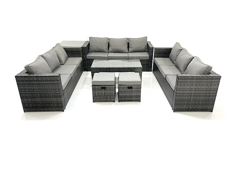 Ensemble de meubles de jardin en polyrotin 11 places avec Canapé Table basse 2 Petits tabourets Table d'appoint Gris foncé mixte