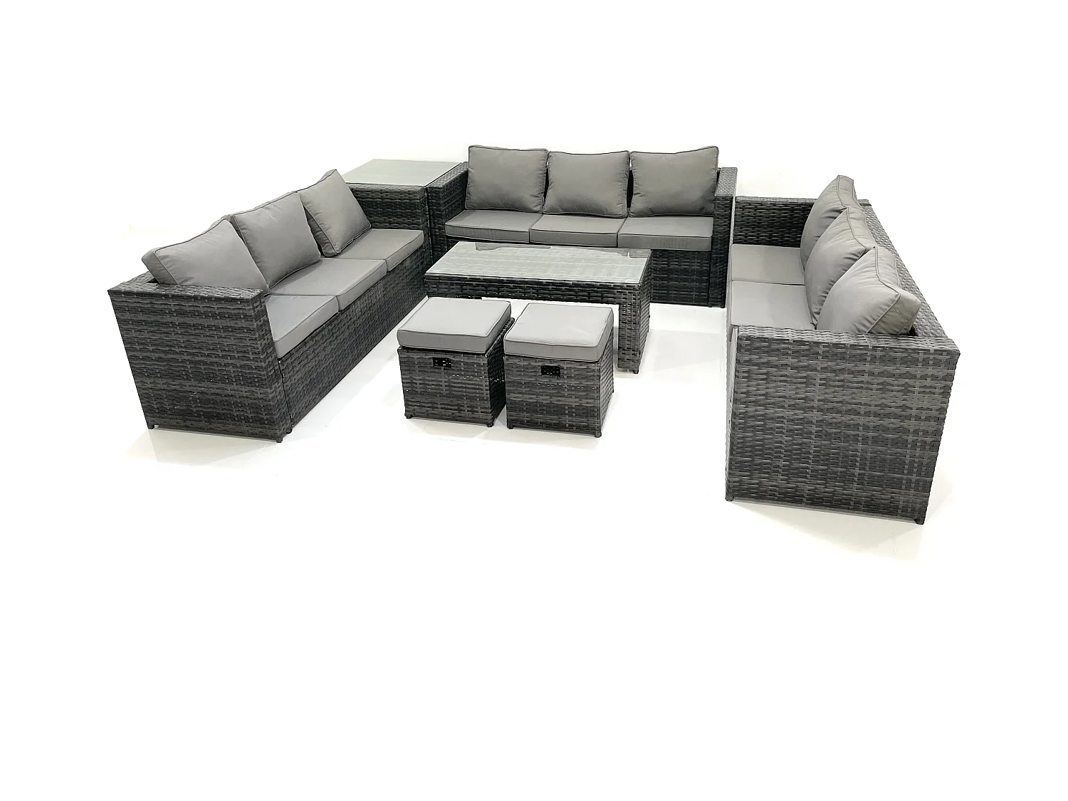 Gartenmöbel-Set 11-Sitzer Polyrattan Sofa Set mit Couchtisch 2 kleine Fußhockern Beistelltisch Dunkelgrau Gemischt