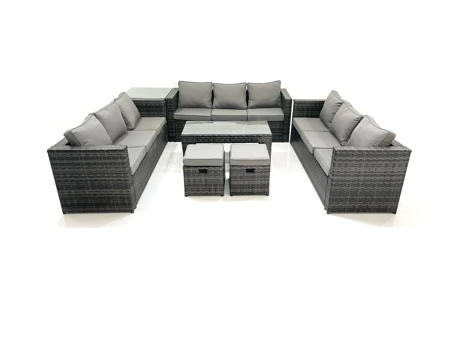Ensemble de meubles de jardin en polyrotin 11 places avec Canapé Table basse 2 Petits tabourets Table d'appoint Gris foncé mixte