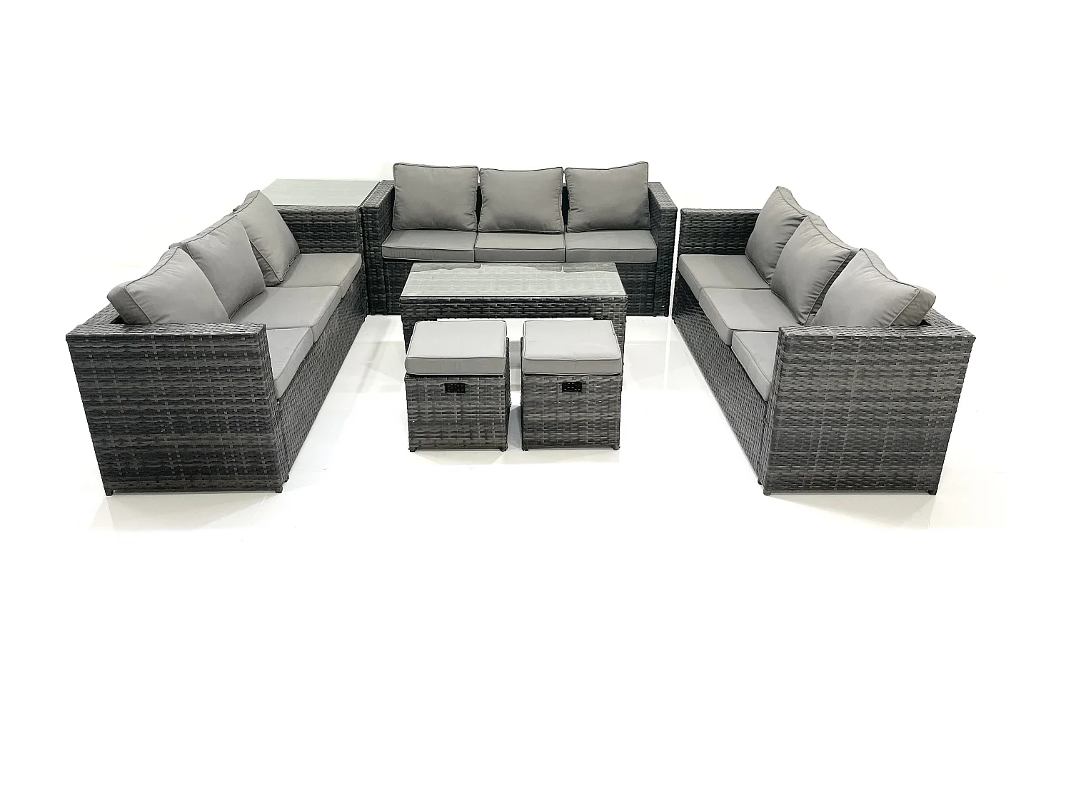 Ensemble de meubles de jardin en polyrotin 11 places avec Canapé Table basse 2 Petits tabourets Table d'appoint Gris foncé mixte