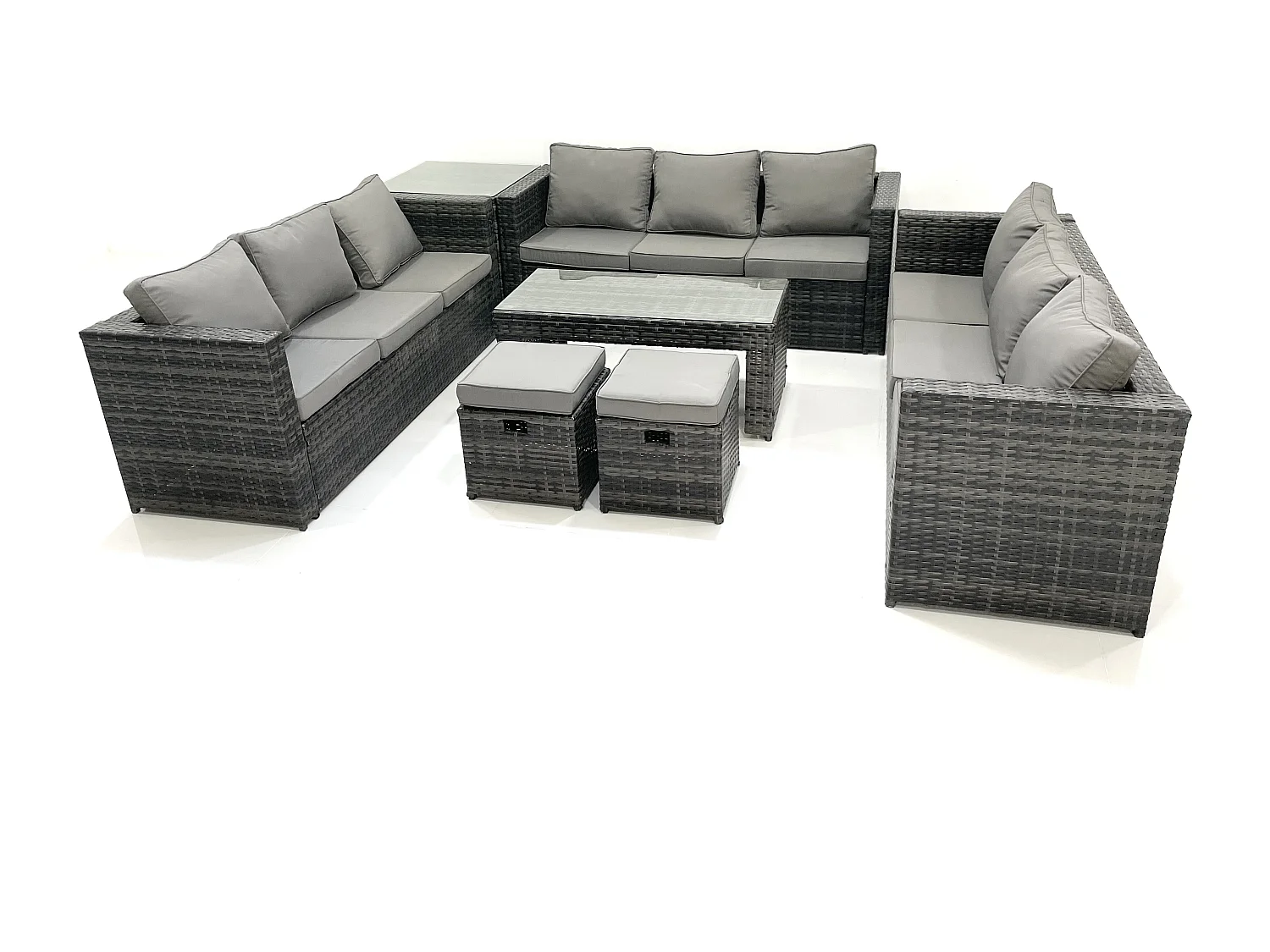 Ensemble de meubles de jardin en polyrotin 11 places avec Canapé Table basse 2 Petits tabourets Table d'appoint Gris foncé mixte