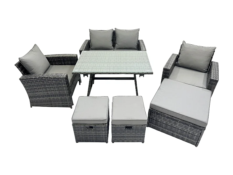 Hoher Rücken Rattan Gartenmöbel Sets mit Rechteckiger Esstisch Sessel 2-Sitzer Sofa 3 Hockern 2 Beistelltischen