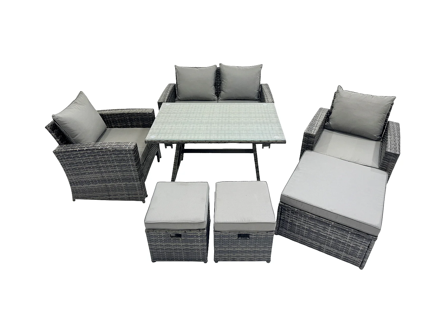 Hoher Rücken Rattan Gartenmöbel Sets mit Rechteckiger Esstisch Sessel 2-Sitzer Sofa 3 Hockern 2 Beistelltischen